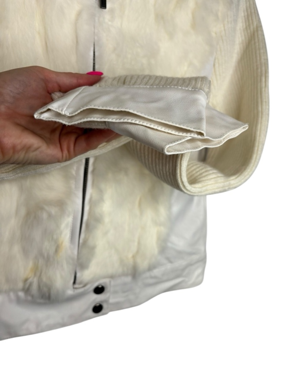 Y2K Jennyfer J Women's Moto Jacket Cream/White Rabbit Fur Leather Knit Jacket M - Picture 8 of 14